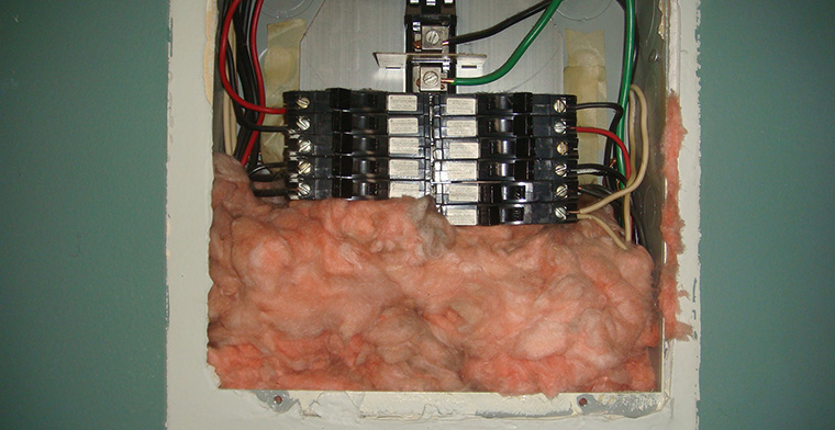 Electrical panel with fibre glass stuffed into the panel